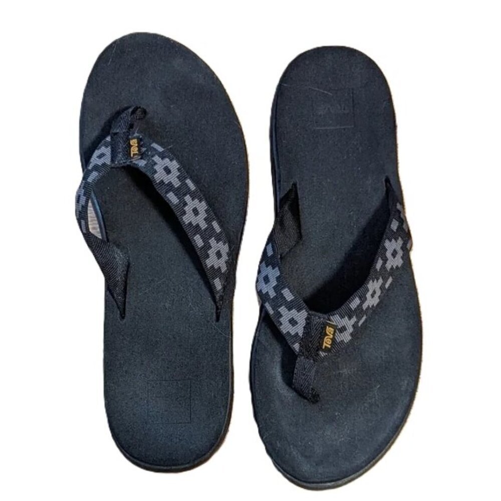 Teva Voya Flip Flop Grey Block on Black Pattern Thong‎ Size 11
